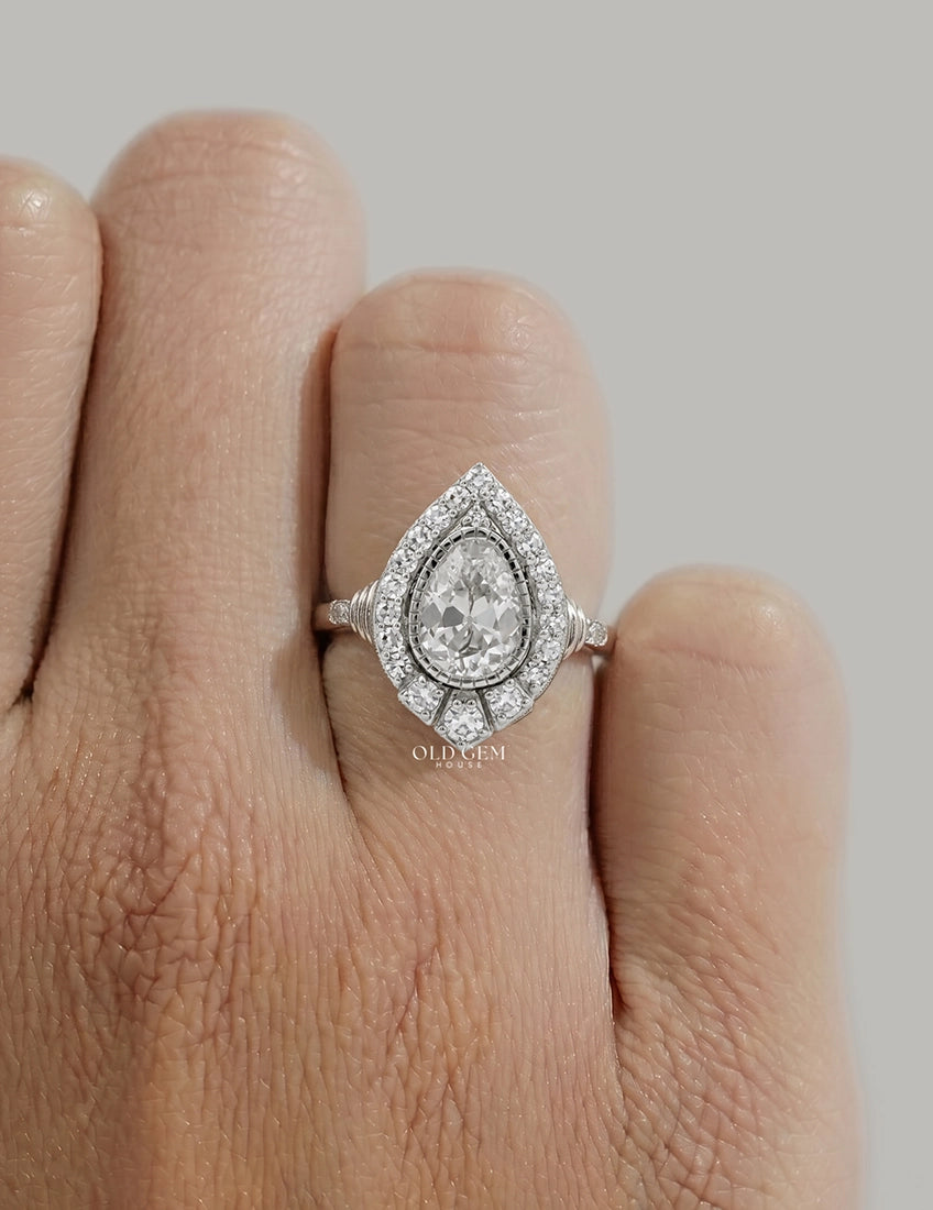 Edwardian Vintage Old Mine Pear Shape Lab Diamond Halo Ring Engagement Ring