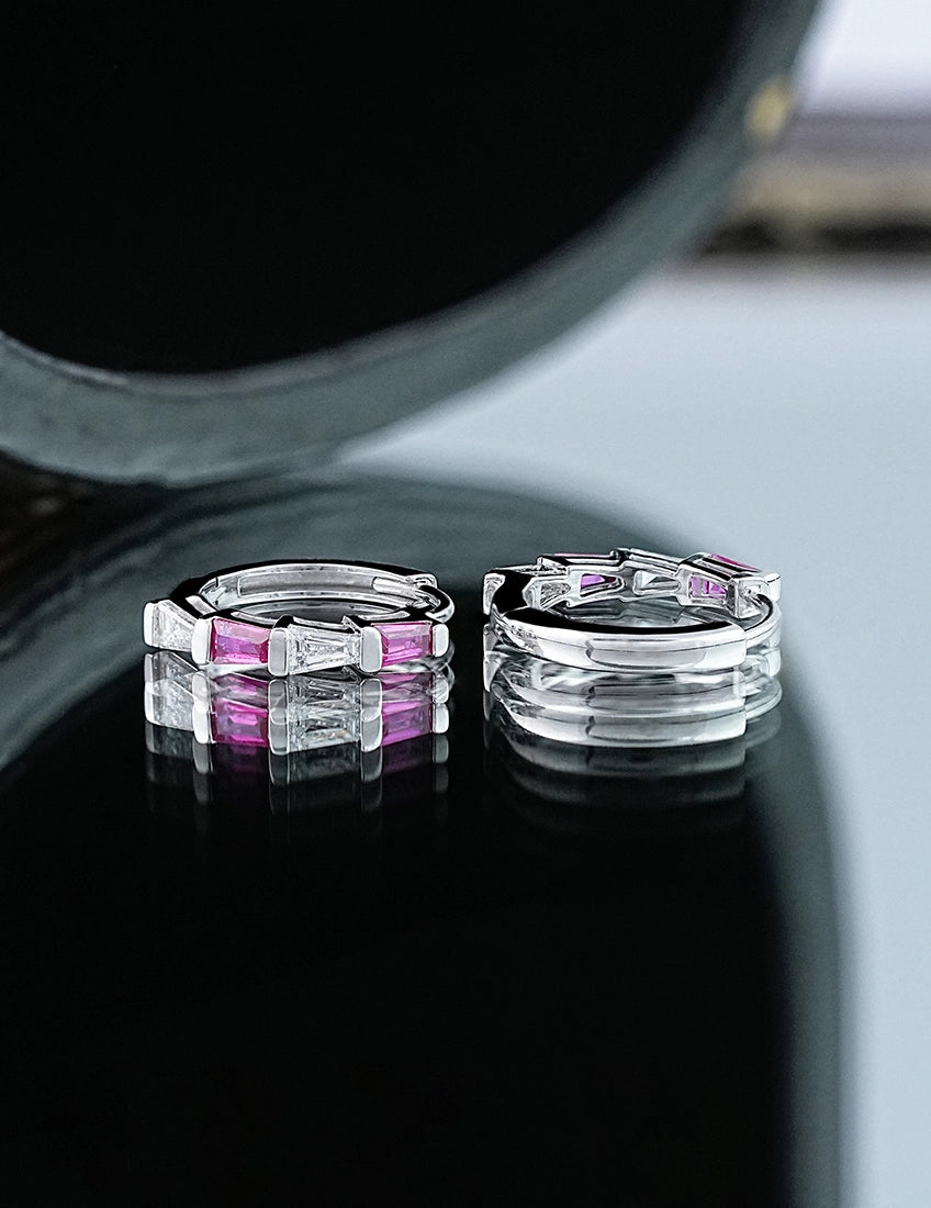 Tapped Baguette Cut Pink Gemstone And Lab Diamond Huggie Hoop