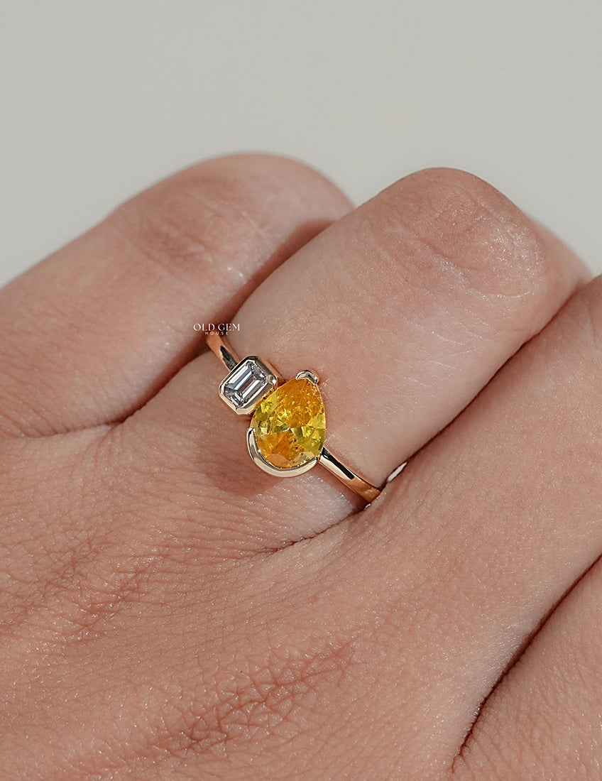 Art Deco Yellow Pear Gemstone Toi Et Moi Ring Engagement Ring