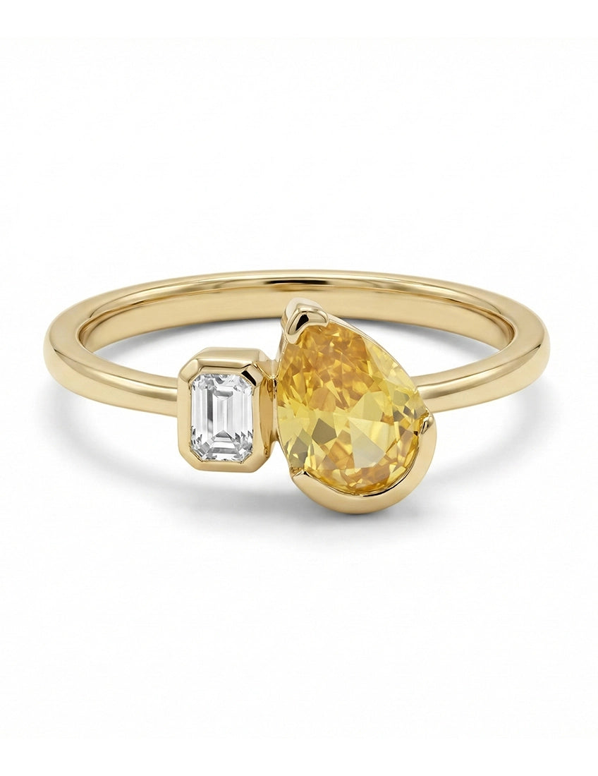 Art Deco Yellow Pear Gemstone Toi Et Moi Ring