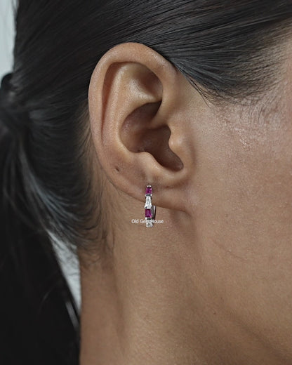 Tapped Baguette Cut Pink Gemstone And Lab Diamond Huggie Hoop