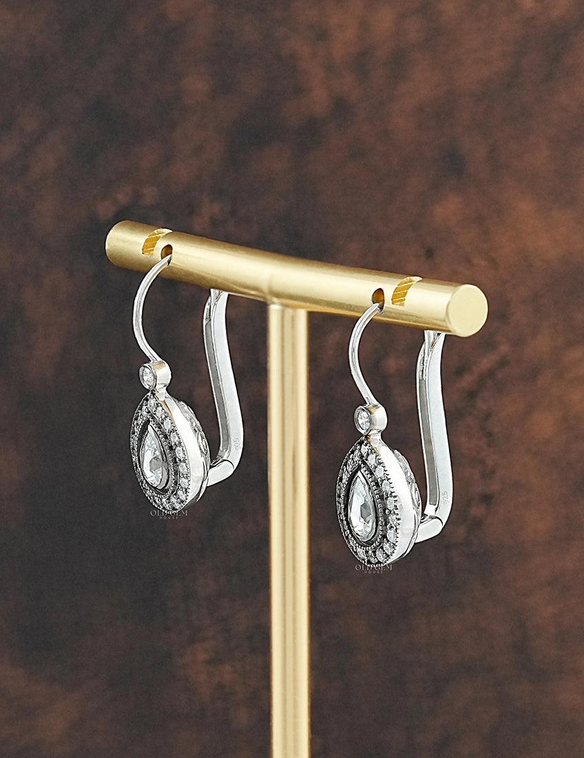 Rose Cut Pear Lab Diamond Halo Drop Earrings